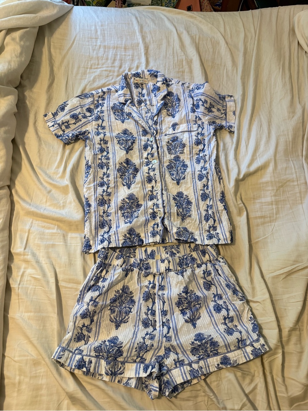 Roller Rabbit blue and white floral pajama set size XS boho 100% cotton feminine